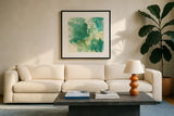 Mossy Rock I by Chris Paschke. Displayed in a glass frame with matte in a clean modern living room. Available as an archival giclee rolled canvas, fine art paper, or poster print. SKU 37165a.