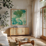 Mossy Rock II by Chris Paschke. Shown in a natural wood frame in a cozy modern living room. Available as an archival giclee rolled canvas, fine art paper, or poster print. SKU 37166a.
