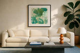 Mossy Rock II by Chris Paschke. Displayed in a glass frame with matte in a clean modern living room. Available as an archival giclee rolled canvas, fine art paper, or poster print. SKU 37166a.