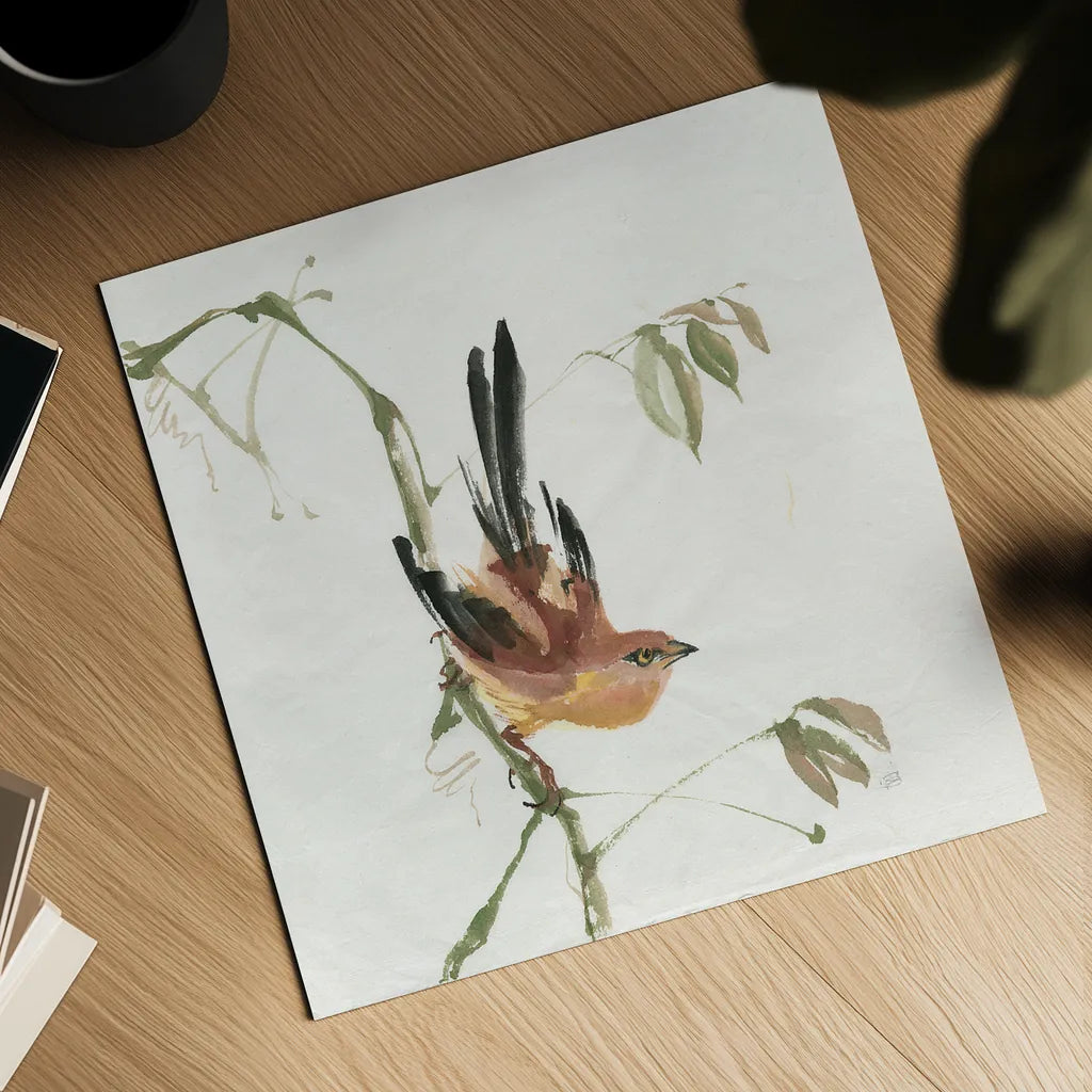 Mountain Bush Warbler by Chris Paschke. Shown as a detailed flat fine art print, highlighting archival giclee quality. Available as an archival giclee rolled canvas, fine art paper, or poster print. SKU 23941a.