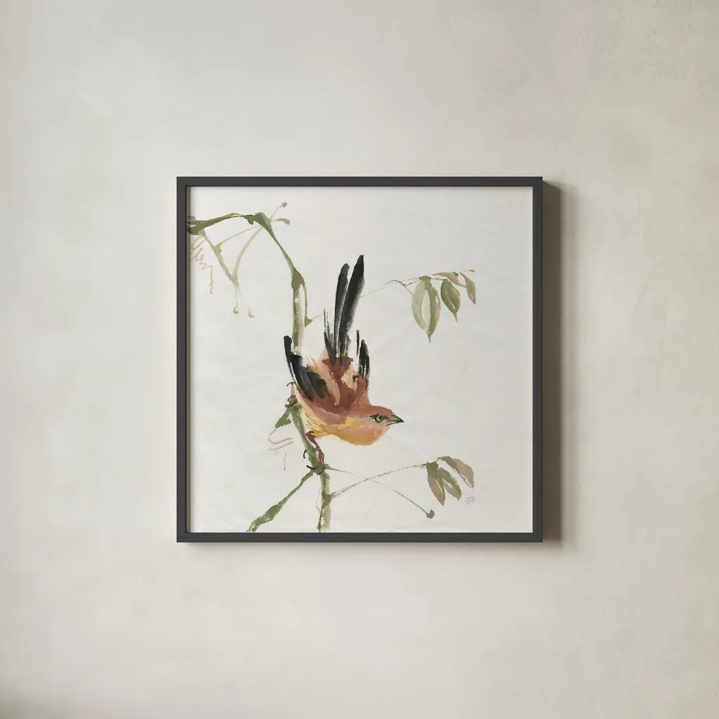 Mountain Bush Warbler by Chris Paschke. Shown in a sleek black glass frame for a contemporary gallery look. Available as an archival giclee rolled canvas, fine art paper, or poster print. SKU 23941a.
