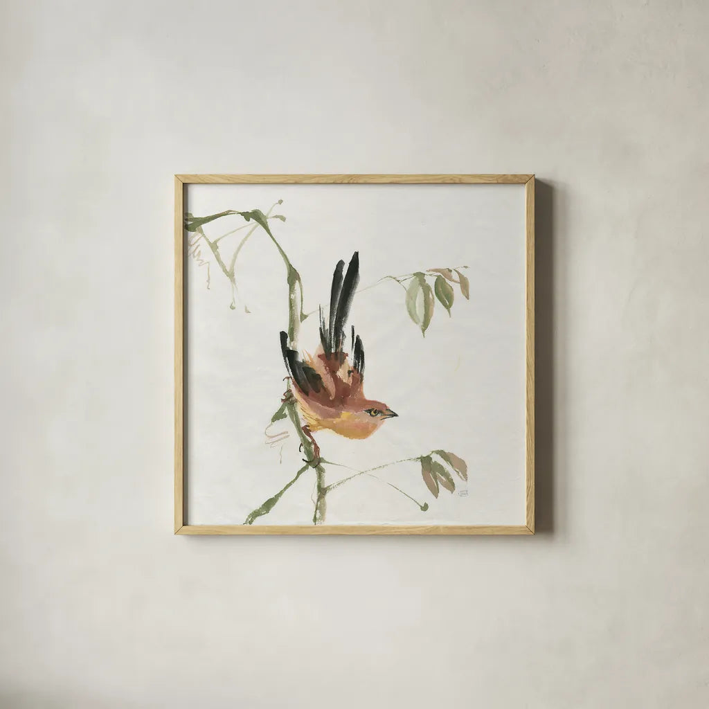 Mountain Bush Warbler by Chris Paschke. Shown in a natural wood glass frame for a timeless modern aesthetic. Available as an archival giclee rolled canvas, fine art paper, or poster print. SKU 23941a.