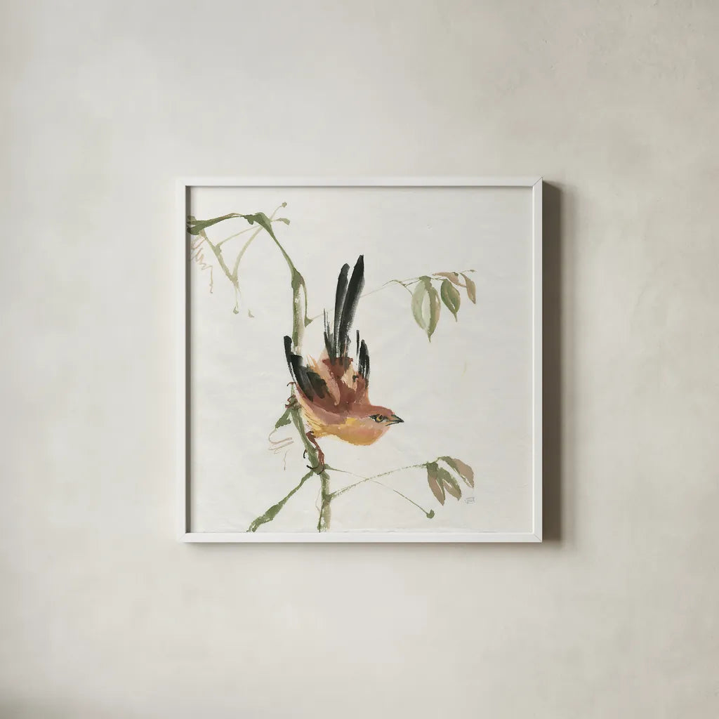 Mountain Bush Warbler by Chris Paschke. Shown in a crisp white glass frame for a clean and minimalist style. Available as an archival giclee rolled canvas, fine art paper, or poster print. SKU 23941a.
