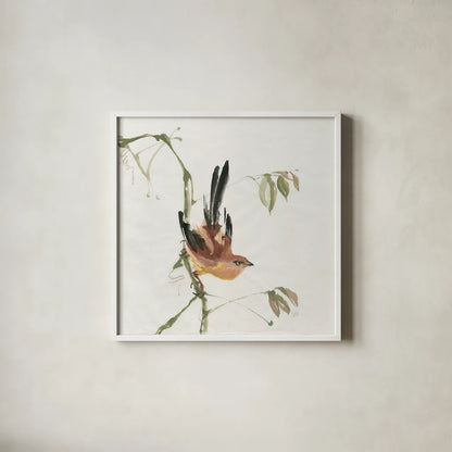 Mountain Bush Warbler by Chris Paschke. Shown in a crisp white glass frame for a clean and minimalist style. Available as an archival giclee rolled canvas, fine art paper, or poster print. SKU 23941a.