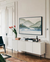 Mountain Fog by Chris Paschke. shown as a framed stretched canvas in a living room above a console. Available as a archival giclee rolled canvas, fine art paper, or poster print. SKU 83112i.