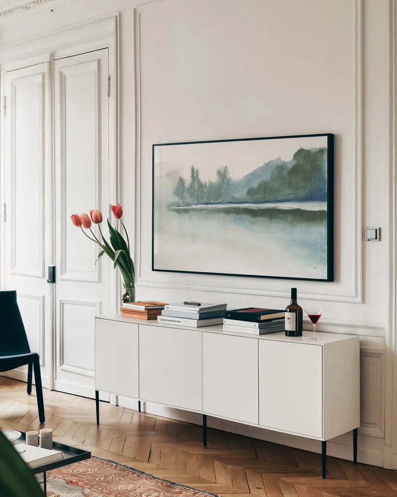 Mountain Mist I by Chris Paschke. shown as a framed stretched canvas in a living room above a console. Available as a archival giclee rolled canvas, fine art paper, or poster print. SKU 83103i.