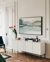 Mountain Mist II by Chris Paschke. shown as a framed stretched canvas in a living room above a console. Available as a archival giclee rolled canvas, fine art paper, or poster print. SKU 83104i.