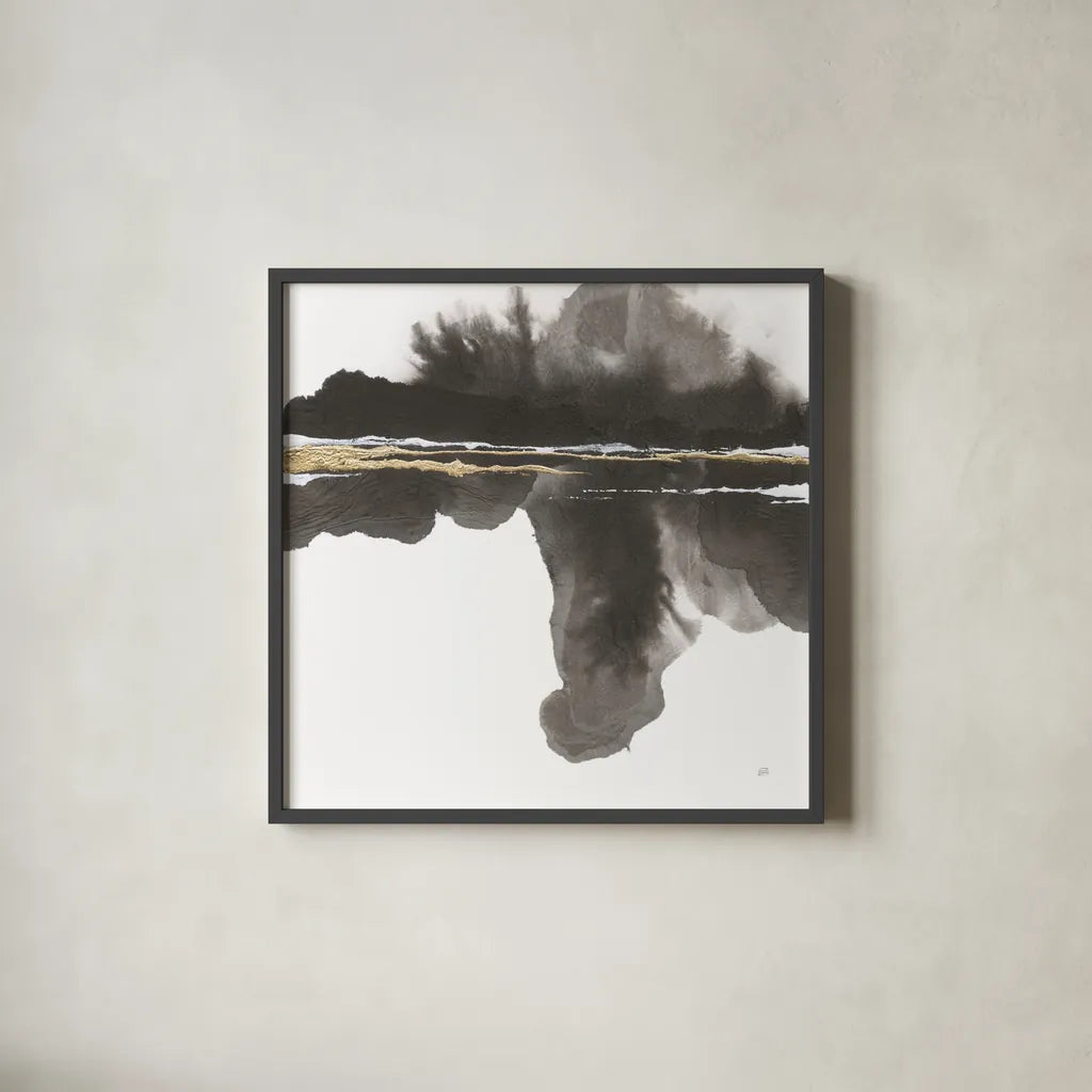 Mountain Reflection by Chris Paschke. Shown in a sleek black glass frame for a contemporary gallery look. Available as an archival giclee rolled canvas, fine art paper, or poster print. SKU 74361a.