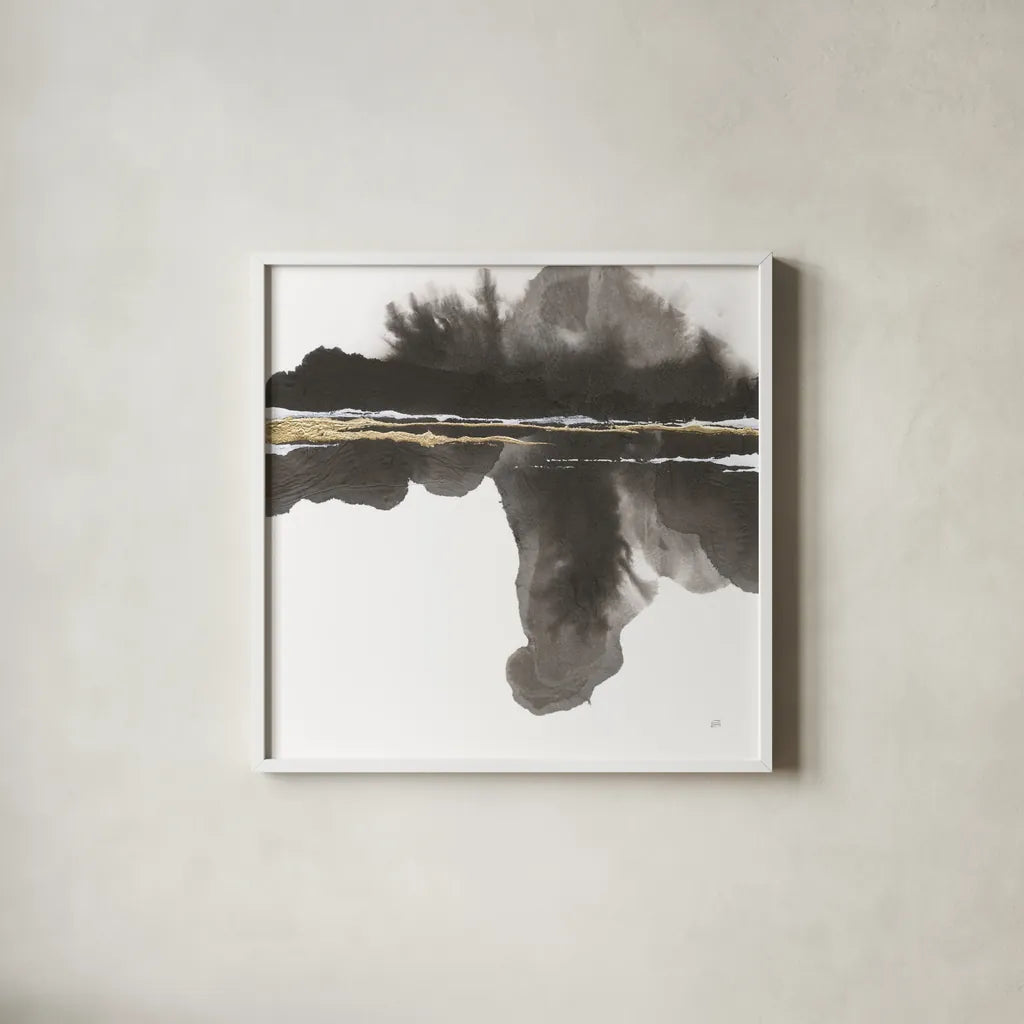 Mountain Reflection by Chris Paschke. Shown in a crisp white glass frame for a clean and minimalist style. Available as an archival giclee rolled canvas, fine art paper, or poster print. SKU 74361a.