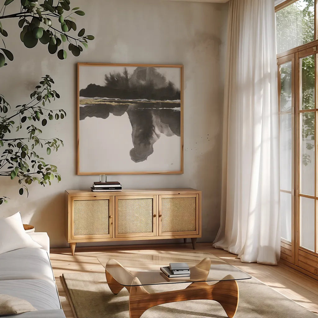 Mountain Reflection by Chris Paschke. Shown in a natural wood frame in a cozy modern living room. Available as an archival giclee rolled canvas, fine art paper, or poster print. SKU 74361a.