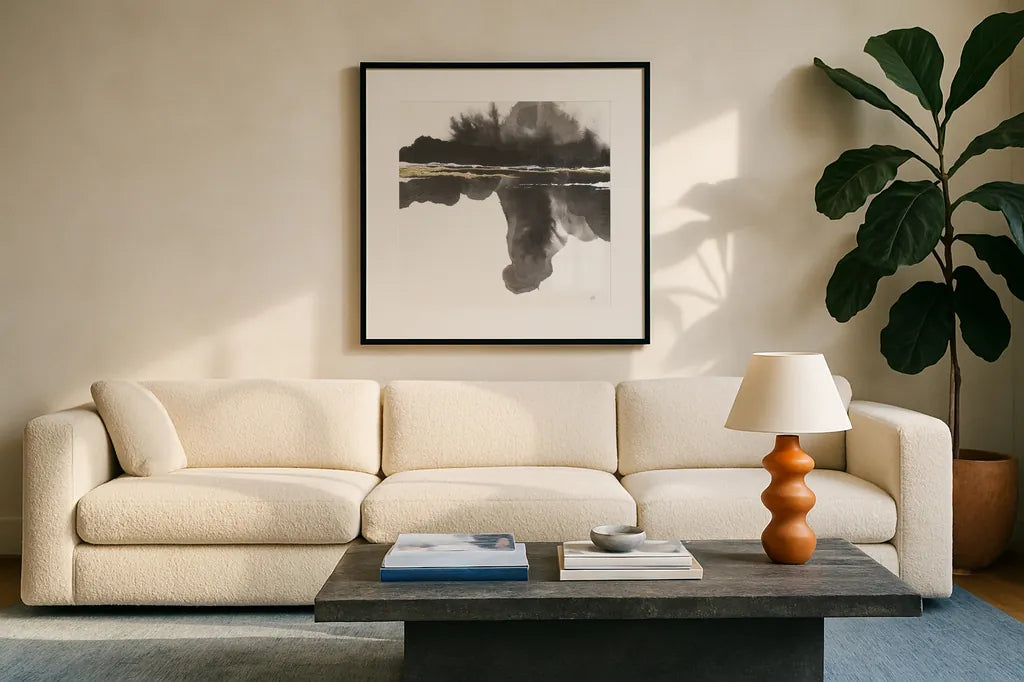Mountain Reflection by Chris Paschke. Displayed in a glass frame with matte in a clean modern living room. Available as an archival giclee rolled canvas, fine art paper, or poster print. SKU 74361a.