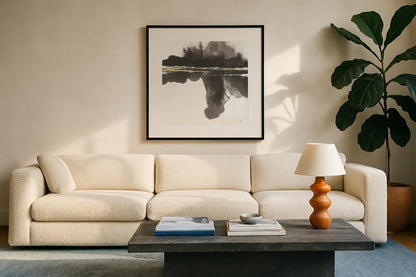 Mountain Reflection by Chris Paschke. Displayed in a glass frame with matte in a clean modern living room. Available as an archival giclee rolled canvas, fine art paper, or poster print. SKU 74361a.