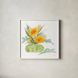 Mums and Dusty Miller by Chris Paschke. Shown in a crisp white glass frame for a clean and minimalist style. Available as an archival giclee rolled canvas, fine art paper, or poster print. SKU 81868a.