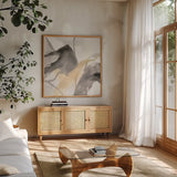 Natural Ebony I by Chris Paschke. Shown in a natural wood frame in a cozy modern living room. Available as an archival giclee rolled canvas, fine art paper, or poster print. SKU 74356a.