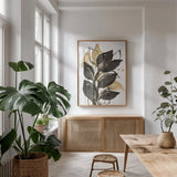 Natural Leaves I by Chris Paschke. shown as a print in a natural wood frame in a dining room. Available as a archival giclee rolled canvas, fine art paper, or poster print. SKU 81345h.