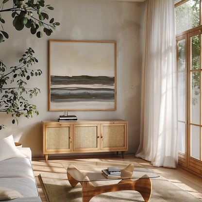 Natural Stripes I by Chris Paschke. Shown in a natural wood frame in a cozy modern living room. Available as an archival giclee rolled canvas, fine art paper, or poster print. SKU 78533a.