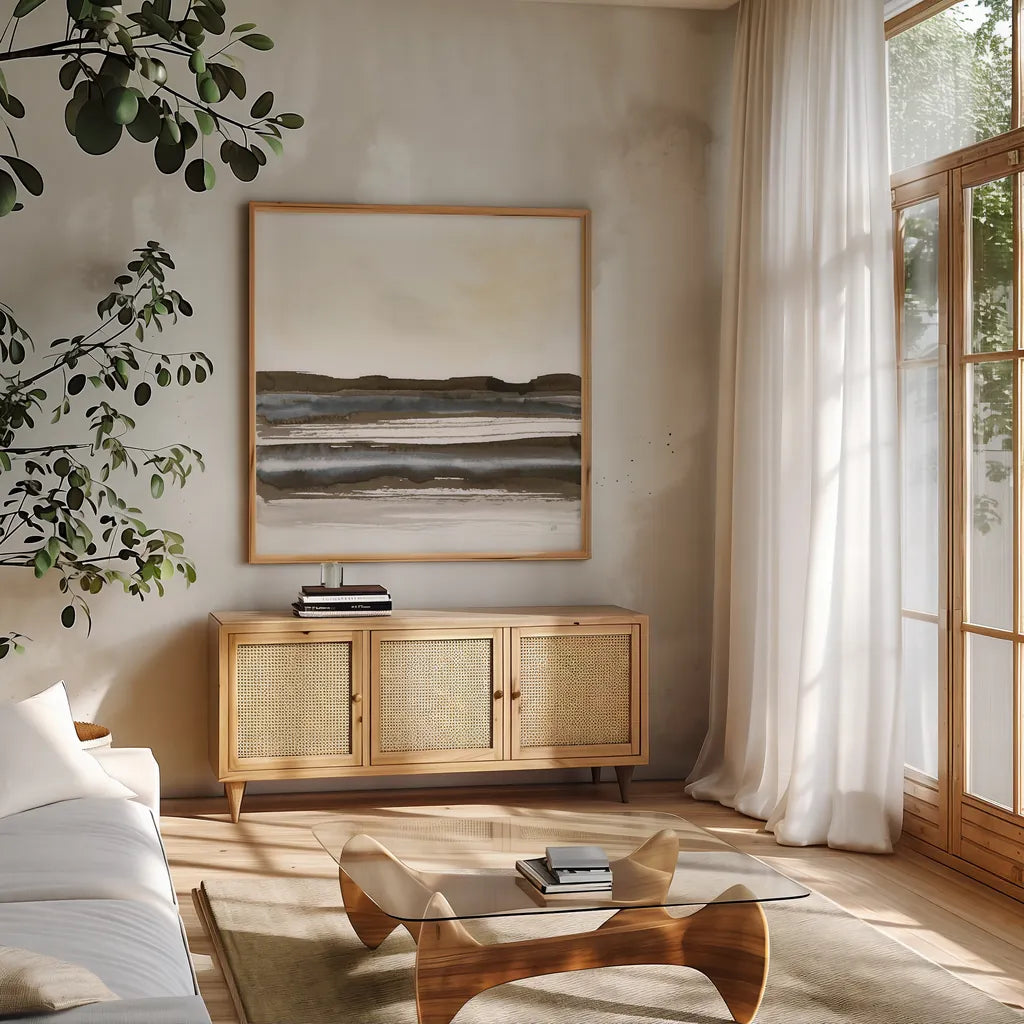 Natural Stripes II by Chris Paschke. Shown in a natural wood frame in a cozy modern living room. Available as an archival giclee rolled canvas, fine art paper, or poster print. SKU 78534a.