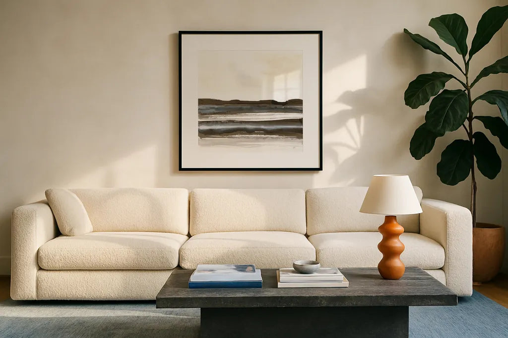 Natural Stripes II by Chris Paschke. Displayed in a glass frame with matte in a clean modern living room. Available as an archival giclee rolled canvas, fine art paper, or poster print. SKU 78534a.