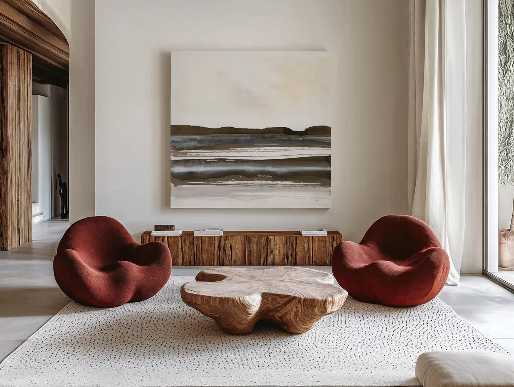 Natural Stripes II by Chris Paschke. Shown as extra-large giant wall art in a modern living room. Available as an archival giclee rolled canvas, fine art paper, or poster print. SKU 78534a.