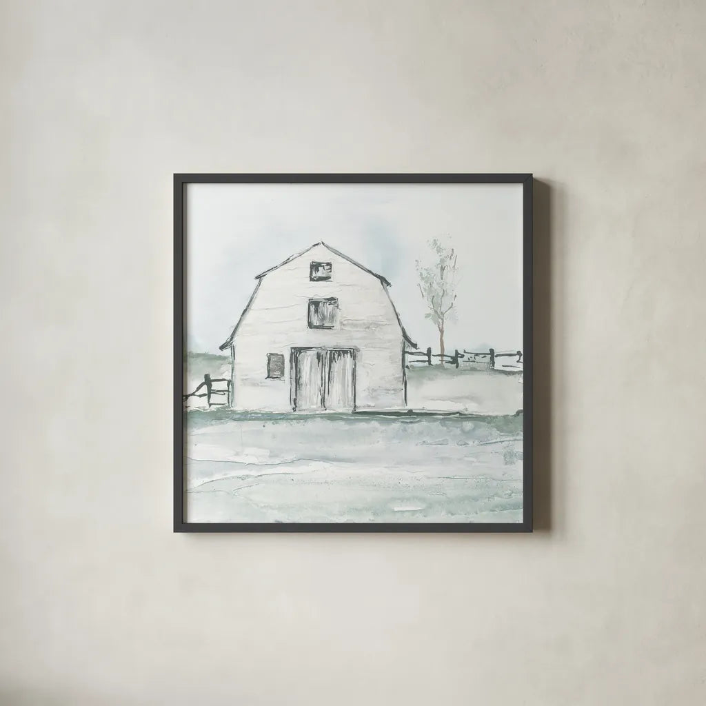 Neutral Barn III by Chris Paschke. Shown in a sleek black glass frame for a contemporary gallery look. Available as an archival giclee rolled canvas, fine art paper, or poster print. SKU 70441a.