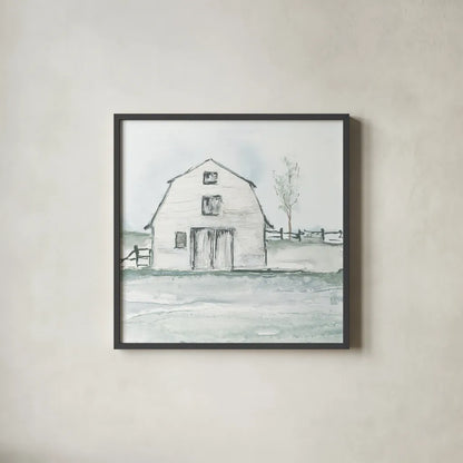 Neutral Barn III by Chris Paschke. Shown in a sleek black glass frame for a contemporary gallery look. Available as an archival giclee rolled canvas, fine art paper, or poster print. SKU 70441a.