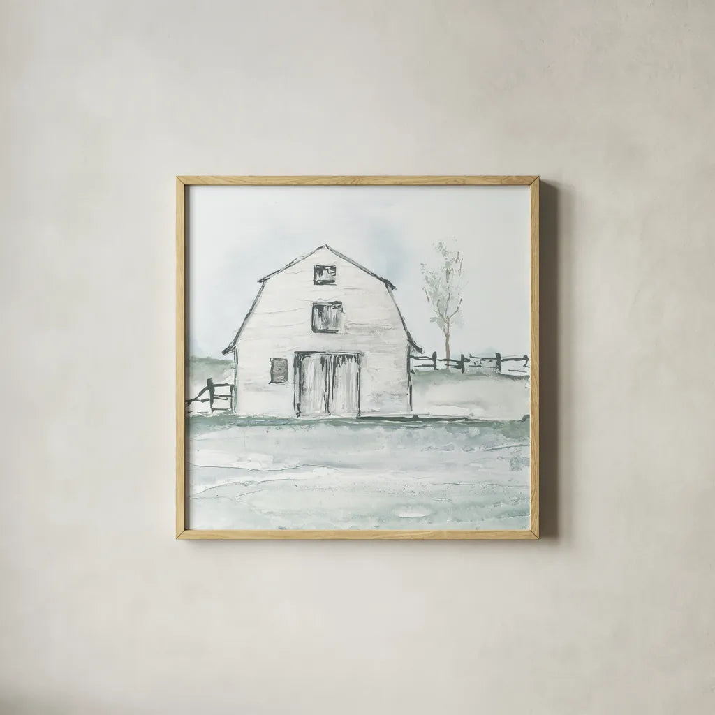 Neutral Barn III by Chris Paschke. Shown in a natural wood glass frame for a timeless modern aesthetic. Available as an archival giclee rolled canvas, fine art paper, or poster print. SKU 70441a.
