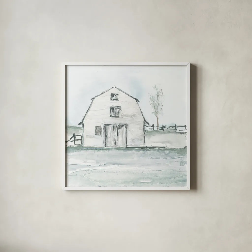 Neutral Barn III by Chris Paschke. Shown in a crisp white glass frame for a clean and minimalist style. Available as an archival giclee rolled canvas, fine art paper, or poster print. SKU 70441a.