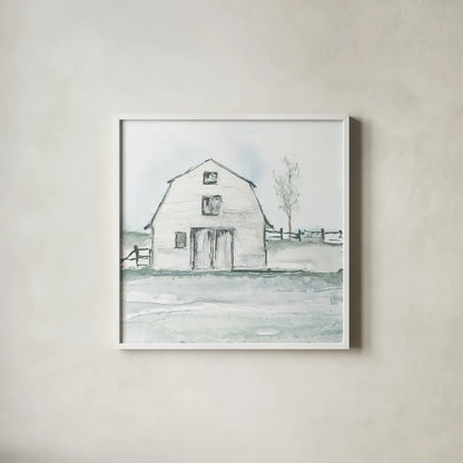 Neutral Barn III by Chris Paschke. Shown in a crisp white glass frame for a clean and minimalist style. Available as an archival giclee rolled canvas, fine art paper, or poster print. SKU 70441a.