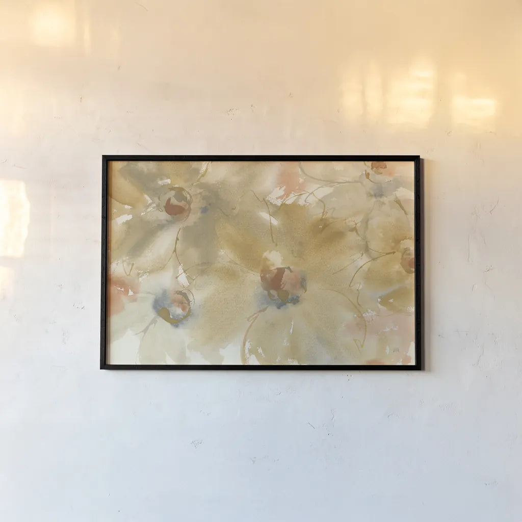Neutral Blooms by Chris Paschke. shown as a paper print in a black flame. Available as a archival giclee rolled canvas, fine art paper, or poster print. SKU 50273i.