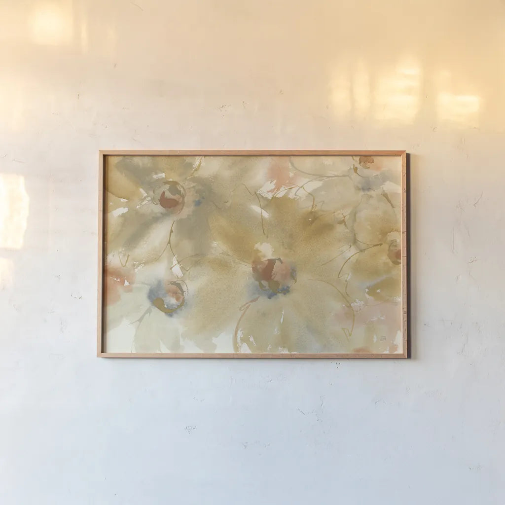 Neutral Blooms by Chris Paschke. shown as a paper print in a natural frame. Available as a archival giclee rolled canvas, fine art paper, or poster print. SKU 50273i.