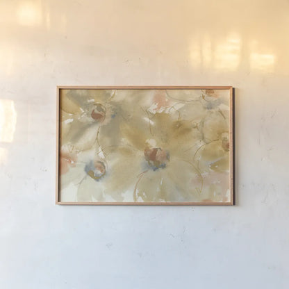 Neutral Blooms by Chris Paschke. shown as a paper print in a natural frame. Available as a archival giclee rolled canvas, fine art paper, or poster print. SKU 50273i.