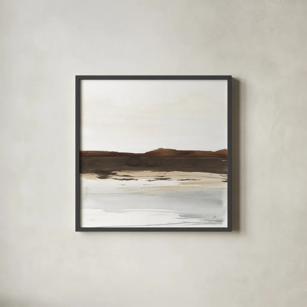 Neutral Dunes I by Chris Paschke. Shown in a sleek black glass frame for a contemporary gallery look. Available as an archival giclee rolled canvas, fine art paper, or poster print. SKU 78473a.