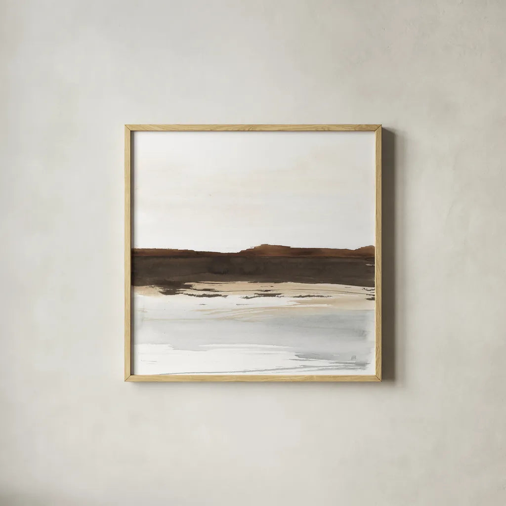 Neutral Dunes I by Chris Paschke. Shown in a natural wood glass frame for a timeless modern aesthetic. Available as an archival giclee rolled canvas, fine art paper, or poster print. SKU 78473a.