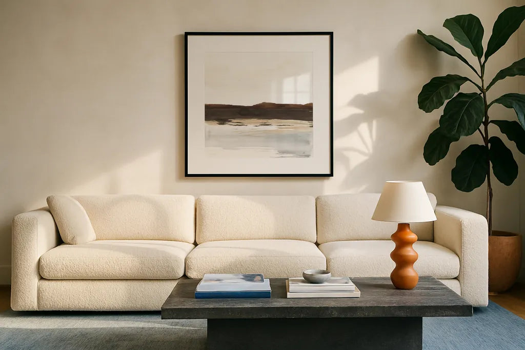 Neutral Dunes I by Chris Paschke. Displayed in a glass frame with matte in a clean modern living room. Available as an archival giclee rolled canvas, fine art paper, or poster print. SKU 78473a.