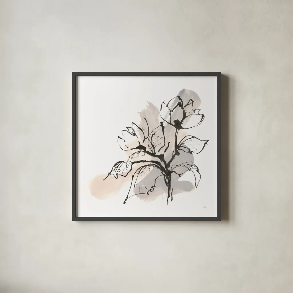 Neutral Magnolia I by Chris Paschke. Shown in a sleek black glass frame for a contemporary gallery look. Available as an archival giclee rolled canvas, fine art paper, or poster print. SKU 85765a.