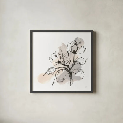 Neutral Magnolia I by Chris Paschke. Shown in a sleek black glass frame for a contemporary gallery look. Available as an archival giclee rolled canvas, fine art paper, or poster print. SKU 85765a.