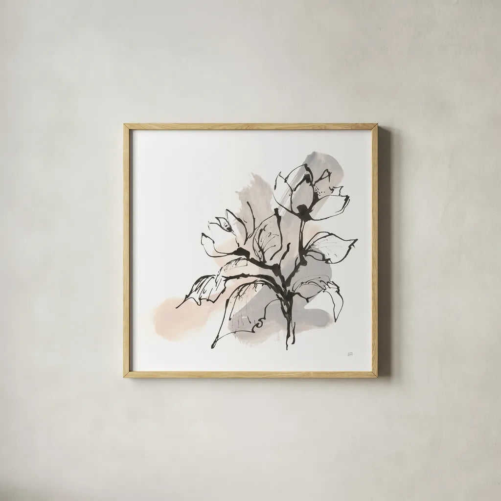 Neutral Magnolia I by Chris Paschke. Shown in a natural wood glass frame for a timeless modern aesthetic. Available as an archival giclee rolled canvas, fine art paper, or poster print. SKU 85765a.