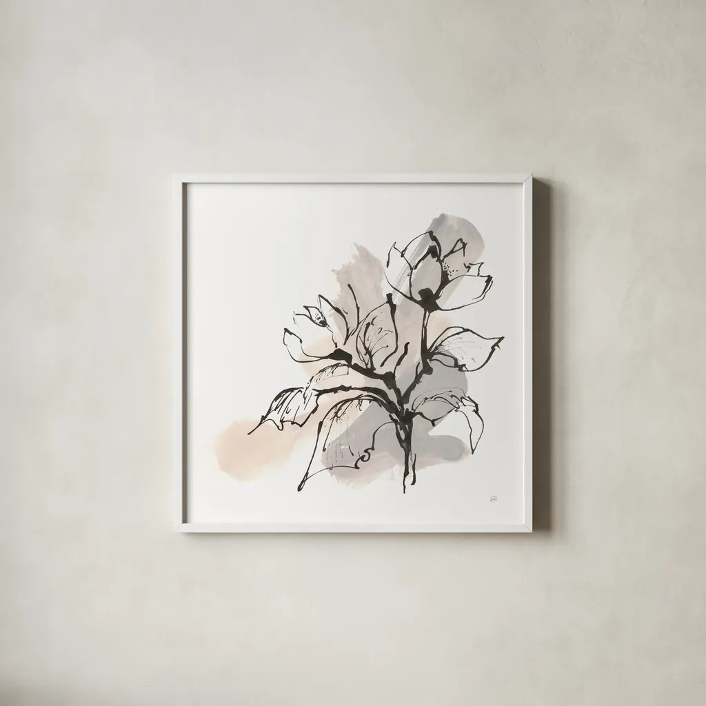 Neutral Magnolia I by Chris Paschke. Shown in a crisp white glass frame for a clean and minimalist style. Available as an archival giclee rolled canvas, fine art paper, or poster print. SKU 85765a.