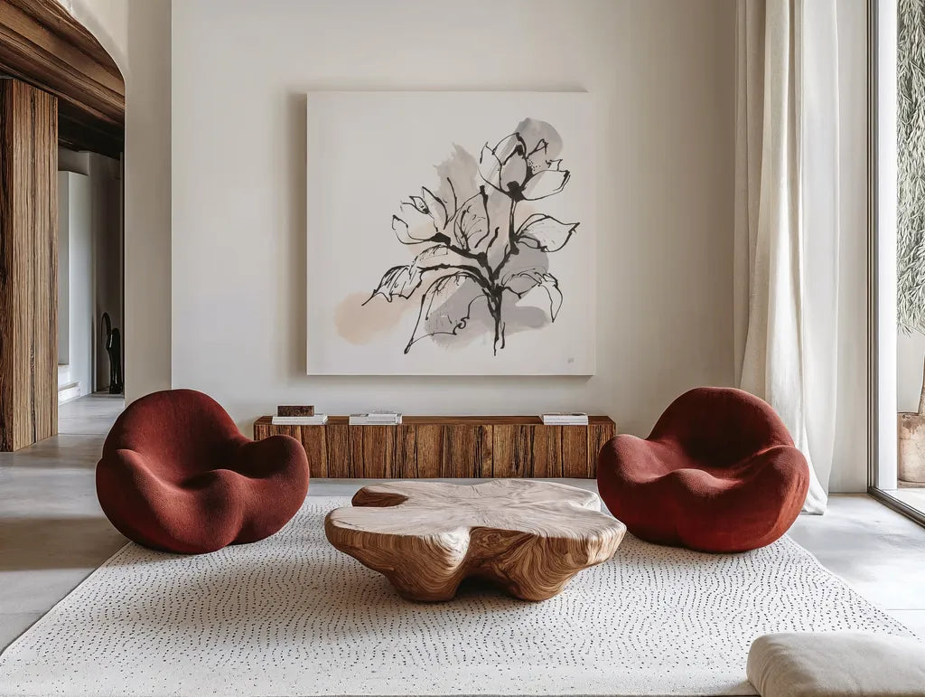 Neutral Magnolia I by Chris Paschke. Shown as extra-large giant wall art in a modern living room. Available as an archival giclee rolled canvas, fine art paper, or poster print. SKU 85765a.