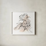 Neutral Peony I by Chris Paschke. Shown in a crisp white glass frame for a clean and minimalist style. Available as an archival giclee rolled canvas, fine art paper, or poster print. SKU 85767a.