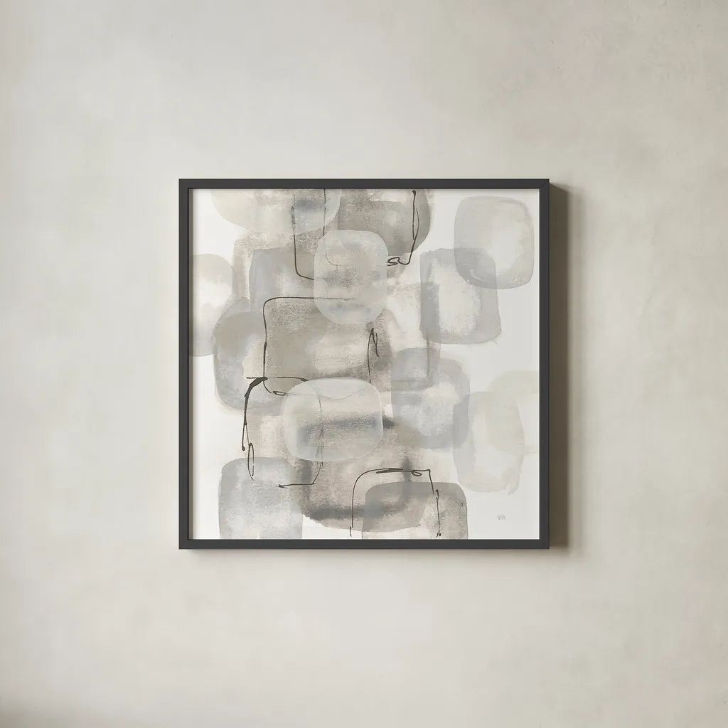 Neutral Stacking I White by Chris Paschke. Shown in a sleek black glass frame for a contemporary gallery look. Available as an archival giclee rolled canvas, fine art paper, or poster print. SKU 31563a.