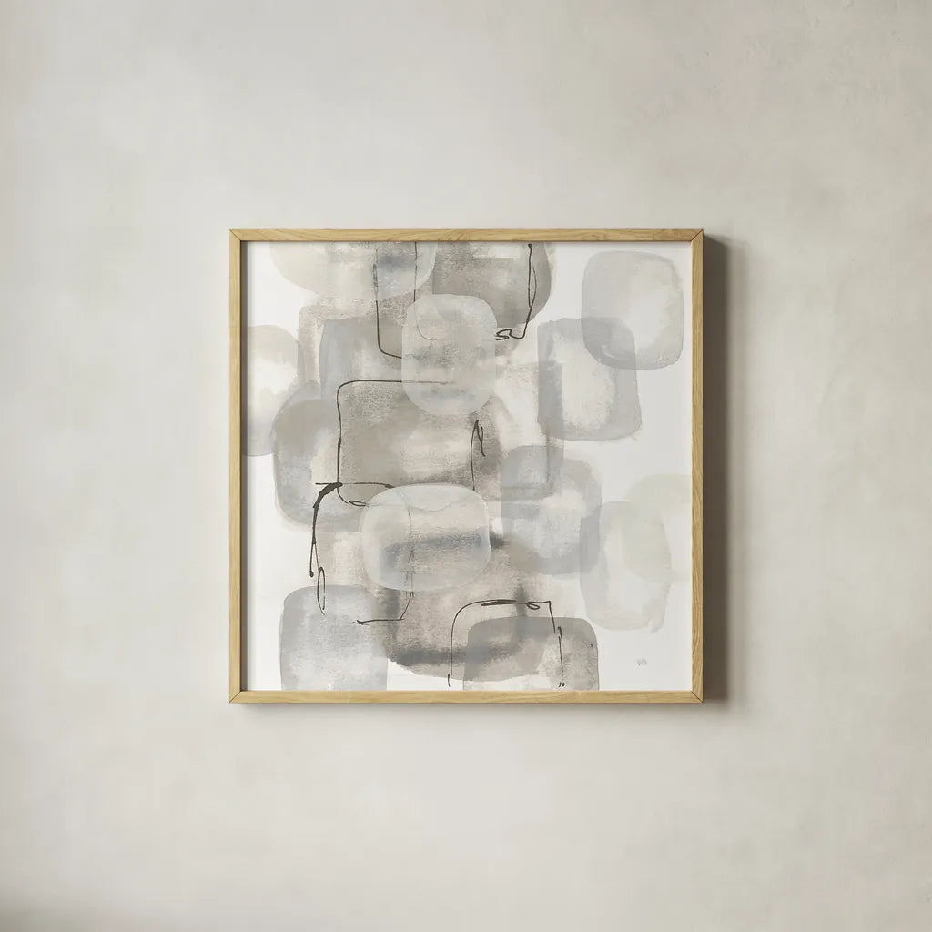 Neutral Stacking I White by Chris Paschke. Shown in a natural wood glass frame for a timeless modern aesthetic. Available as an archival giclee rolled canvas, fine art paper, or poster print. SKU 31563a.