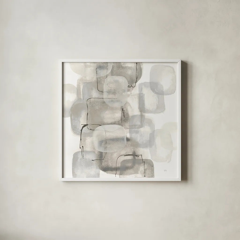 Neutral Stacking I White by Chris Paschke. Shown in a crisp white glass frame for a clean and minimalist style. Available as an archival giclee rolled canvas, fine art paper, or poster print. SKU 31563a.