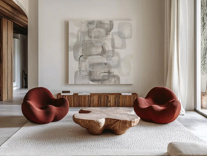 Neutral Stacking I White by Chris Paschke. Shown as extra-large giant wall art in a modern living room. Available as an archival giclee rolled canvas, fine art paper, or poster print. SKU 31563a.