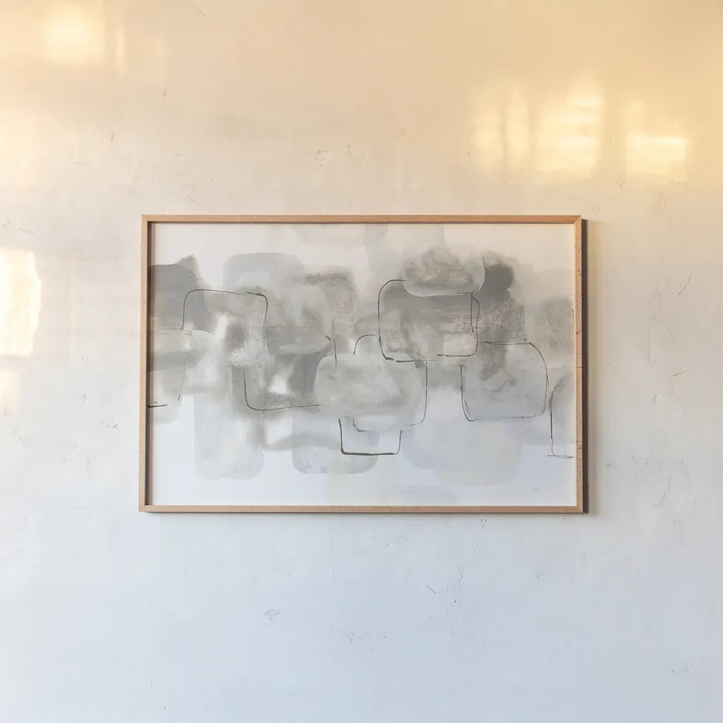 Neutral Stacking III White by Chris Paschke. shown as a paper print in a natural frame. Available as a archival giclee rolled canvas, fine art paper, or poster print. SKU 33908i.