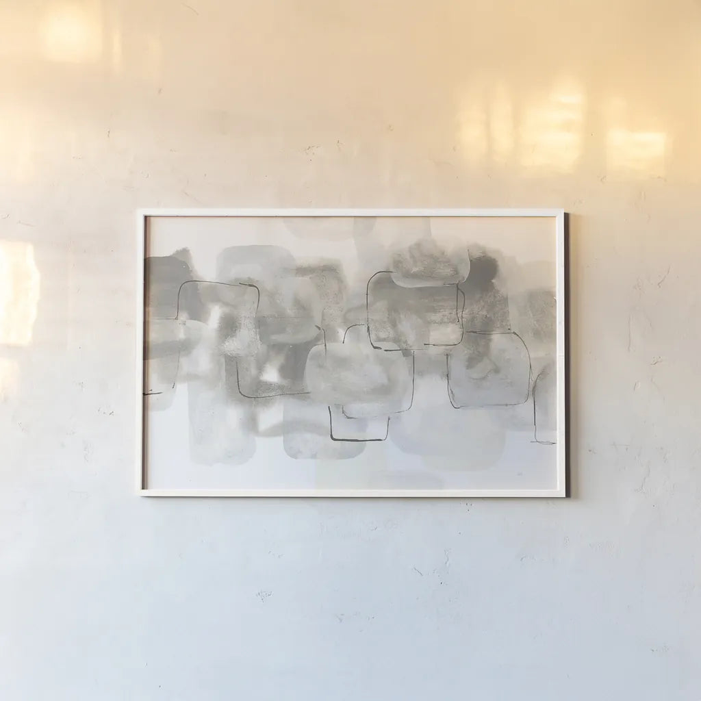 Neutral Stacking III White by Chris Paschke. shown as a paper print in a white frame. Available as a archival giclee rolled canvas, fine art paper, or poster print. SKU 33908i.