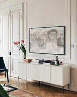 Neutral Stacking IV White by Chris Paschke. shown as a framed stretched canvas in a living room above a console. Available as a archival giclee rolled canvas, fine art paper, or poster print. SKU 33909i.