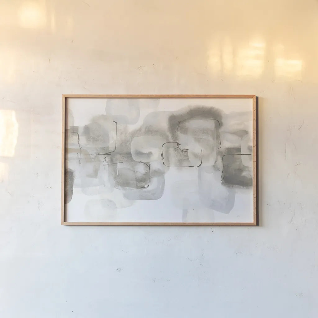 Neutral Stacking IV White by Chris Paschke. shown as a paper print in a natural frame. Available as a archival giclee rolled canvas, fine art paper, or poster print. SKU 33909i.