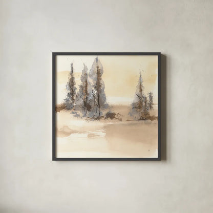 Neutral Treescape I by Chris Paschke. Shown in a sleek black glass frame for a contemporary gallery look. Available as an archival giclee rolled canvas, fine art paper, or poster print. SKU 89503a.