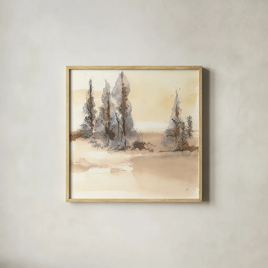 Neutral Treescape I by Chris Paschke. Shown in a natural wood glass frame for a timeless modern aesthetic. Available as an archival giclee rolled canvas, fine art paper, or poster print. SKU 89503a.